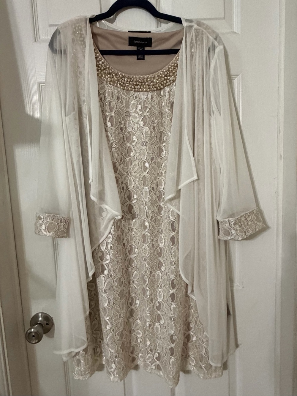 R&M Richards Cream Lace Midi Dress with Pearl Neckline - Picture 2 of 15